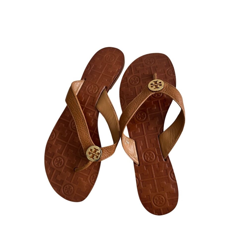 TORY BURCH Tan Gold Leather Strap Flip Flop Sandals Size 8 - Picture 4 of 10